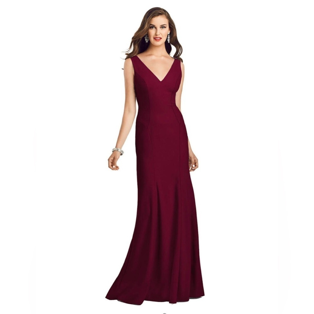 Dessy Collection Red Maroon Formal Gown prom dress vneck open back trumpet